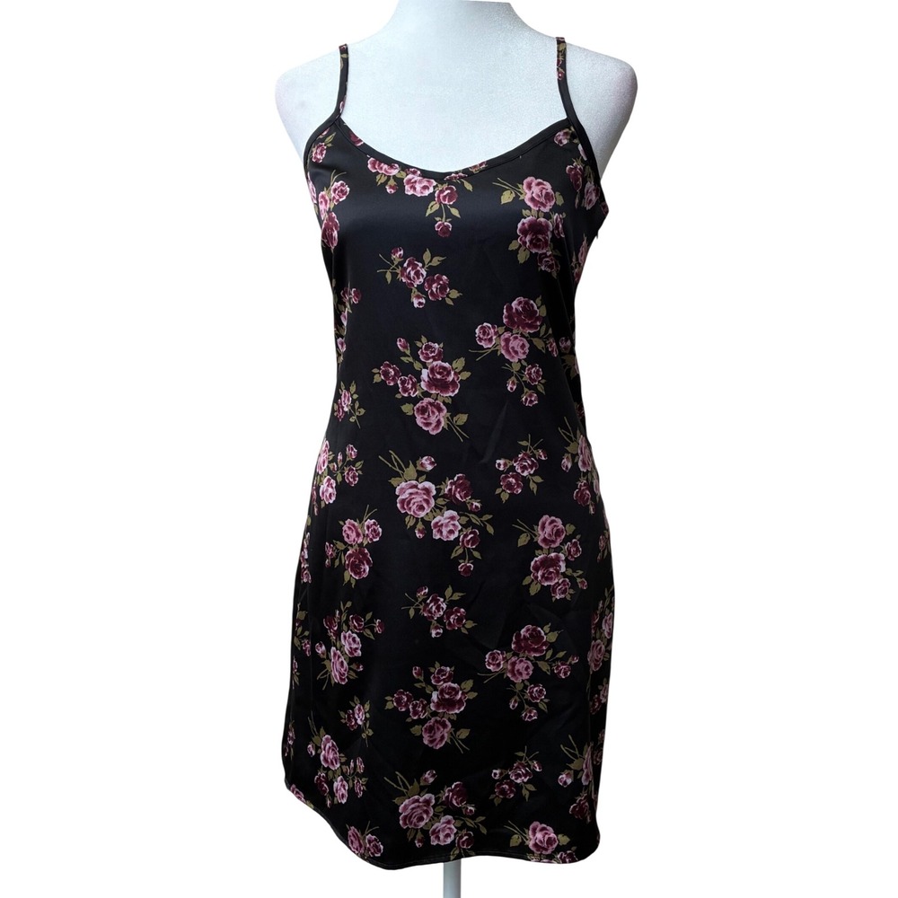 Y2K Black Floral Satin Slip Dress Pink Rose Print Sleeveless Mini 90s Style Sm